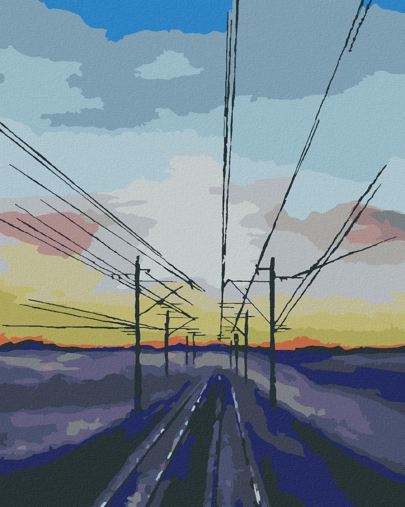 Zapadajúce slnko nad vlakovými koľajnicami, 40 × 50 cm, plátno napnuté na rám