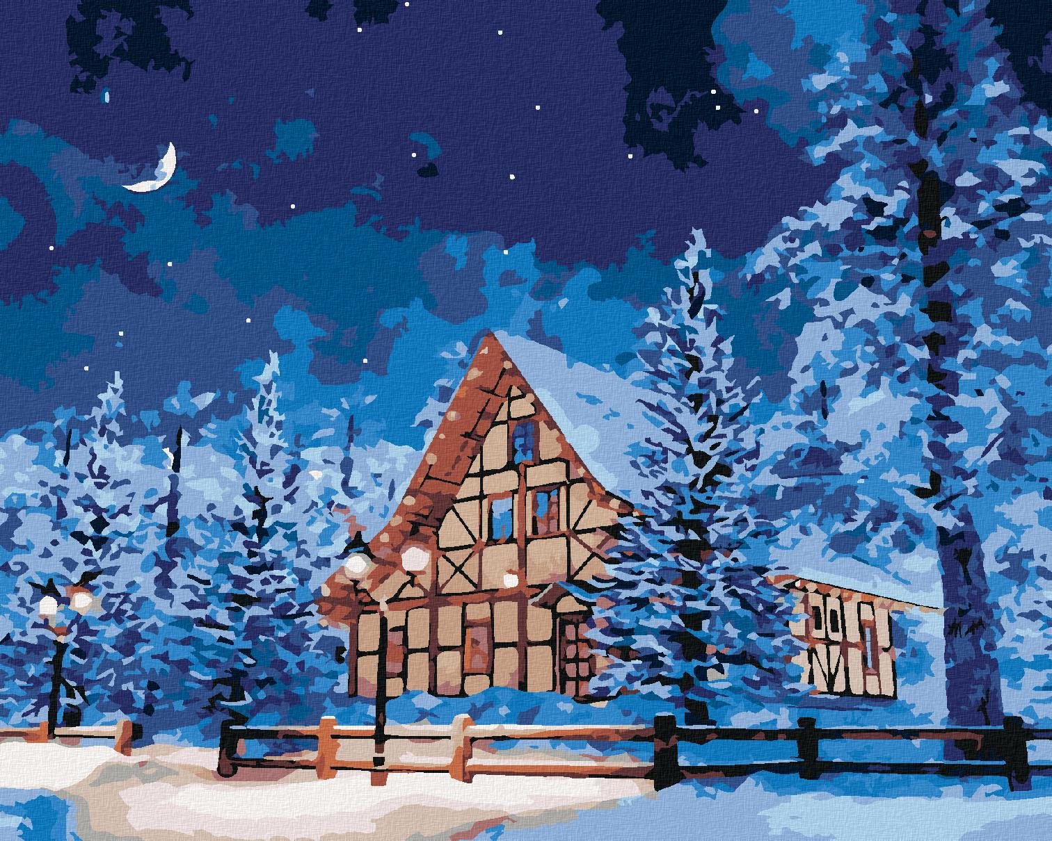 Zasnežený zrub na horách, 40×50 cm, bez rámu a bez vypnutia plátna