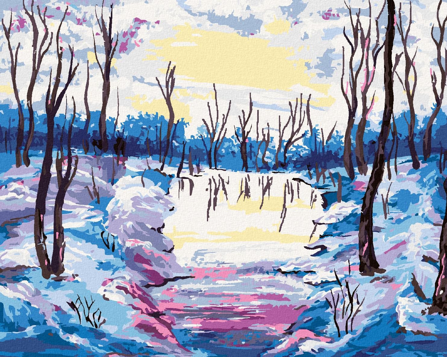 Zimný les s výhľadom na rieku, 40×50 cm, vypnuté plátno na rám