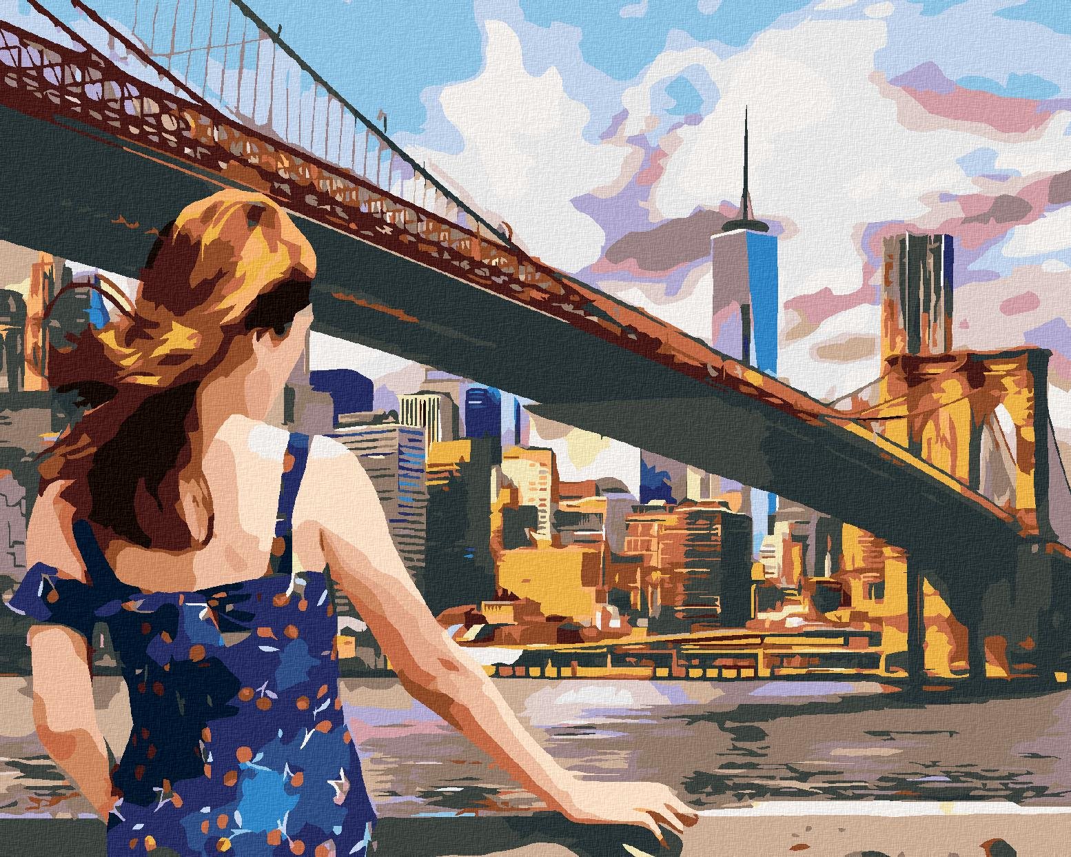 Žena pri Brooklyn Bridge v New Yorku, 80×100 cm, bez rámu a bez vypnutia plátna