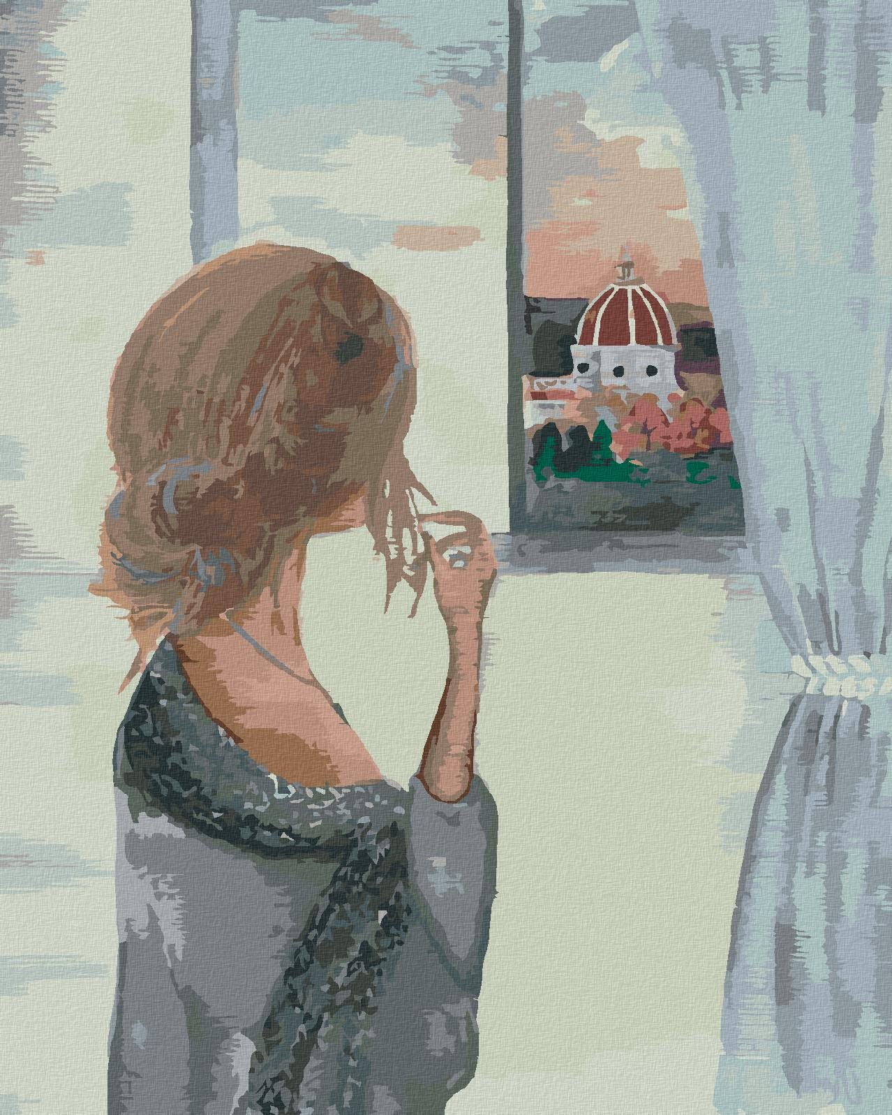 Žena pri okne s výhľadom na katedrálu Santa Maria, 40×50 cm, bez rámu a bez vypnutia plátna