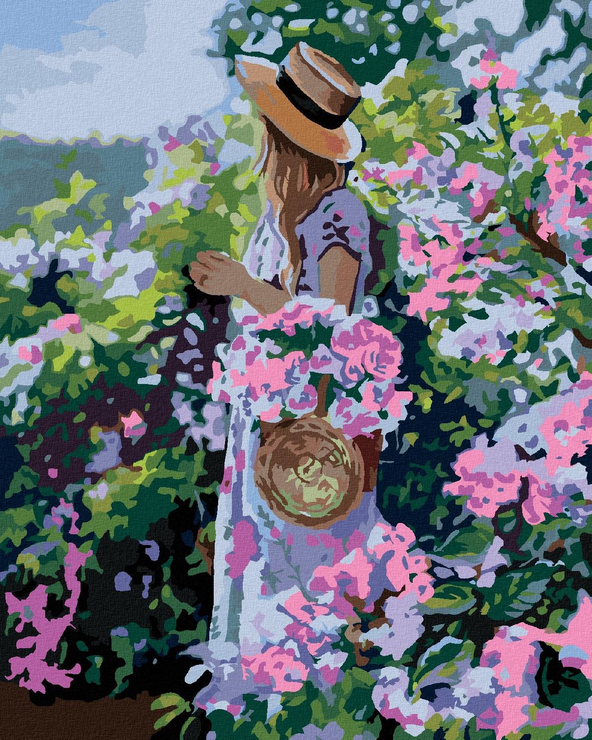 Žena v klobúku pri kvetoch, 40×50 cm, bez rámu a bez vypnutia plátna