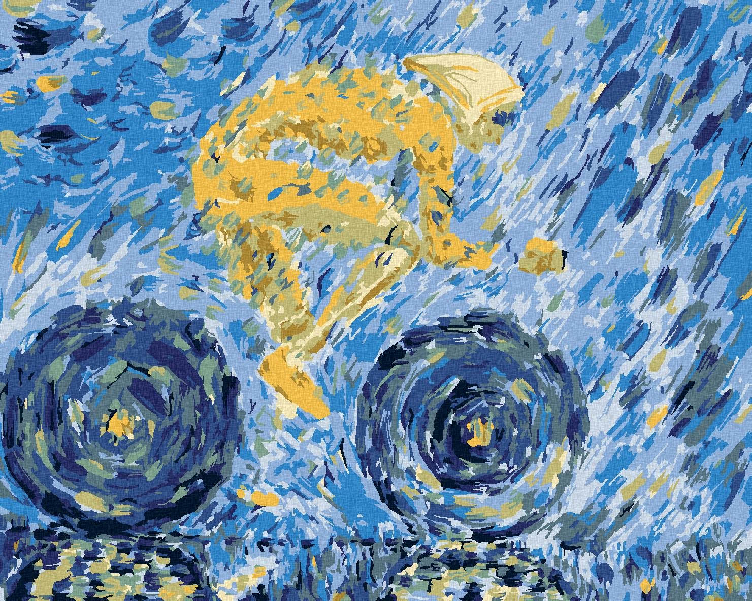 Žltý cyklista na modrom pozadí, 40×50 cm, vypnuté plátno na rám