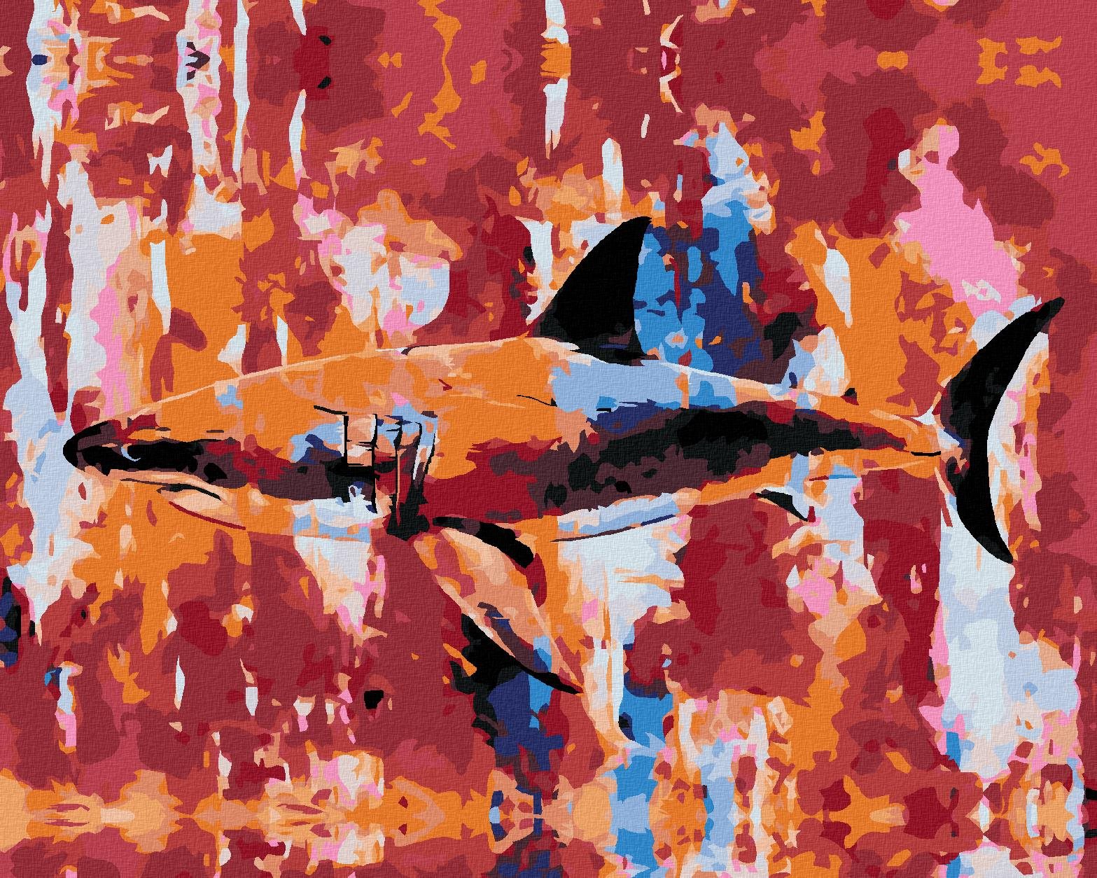 Žralok na abstraktnom pozadí, 80 × 100 cm, plátno napnuté na rám