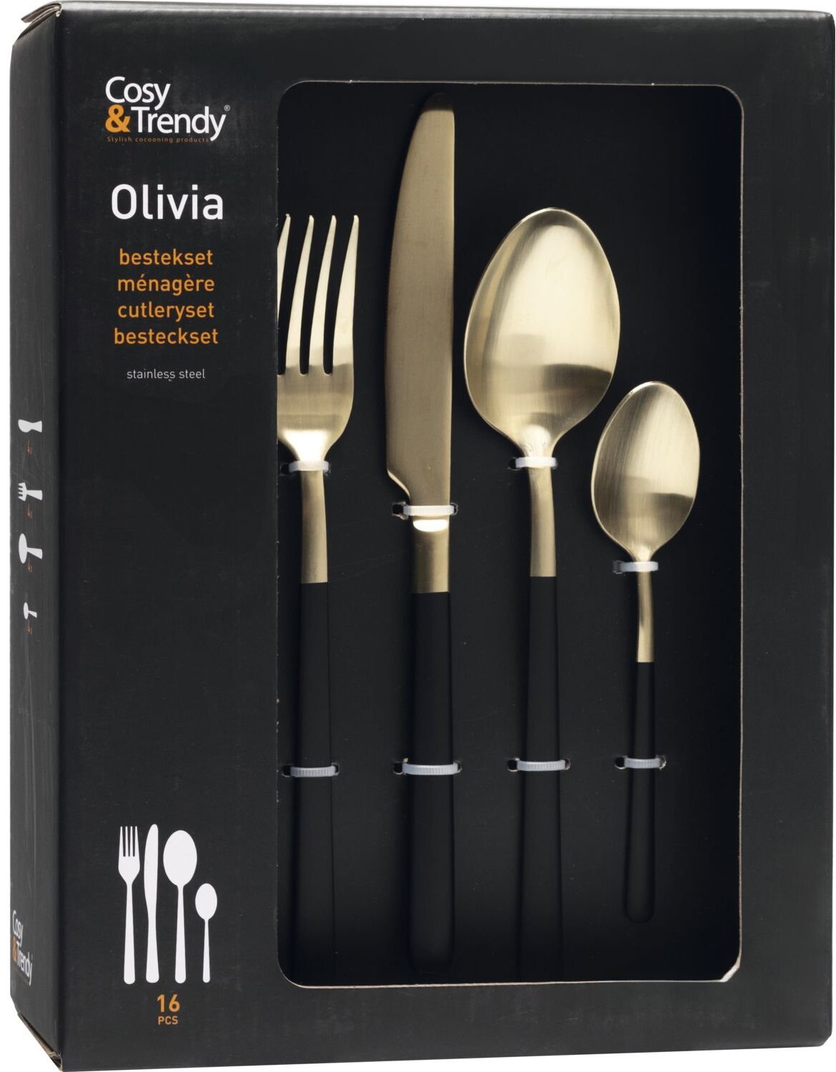 Cosy & Trendy Sada príborov Champagner – Black Olivia, 16-dielna, výška 270 mm, dĺžka 205 mm