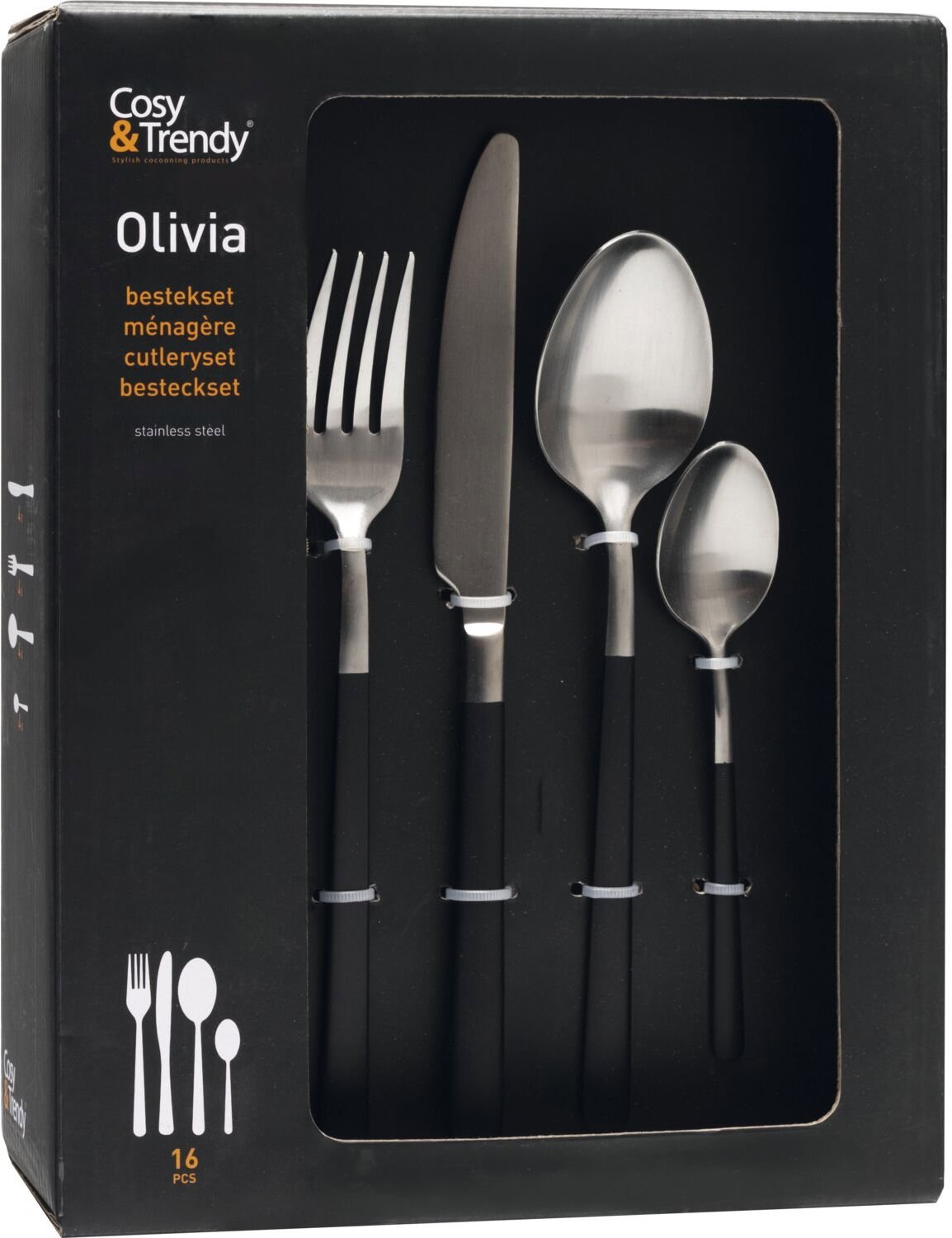 Cosy & Trendy Sada príborov Brushed – Black Olivia, 16-dielna, výška 270 mm, dĺžka 200 mm