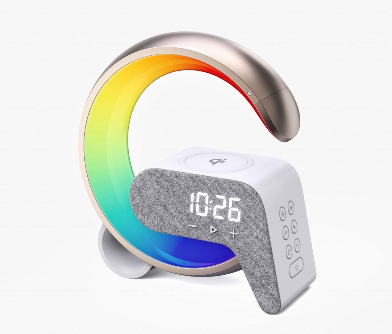 IMMAX LED relaxačná lampička FLAMINGO s QI nabíjaním, budík, RGB, USB výstup, zlatá