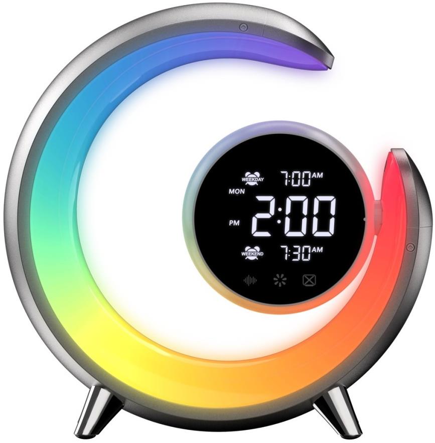 IMMAX PEACOCK LED nočná lampička s hodinami, budíkom, RGB svetlom a USB portom, strieborná