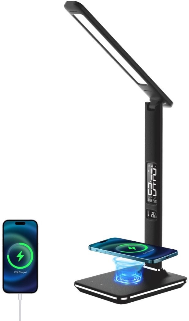 LED stolná lampička Immax KINGFISHER Qi čierna s bezdrôtovým nabíjaním Qi a USB