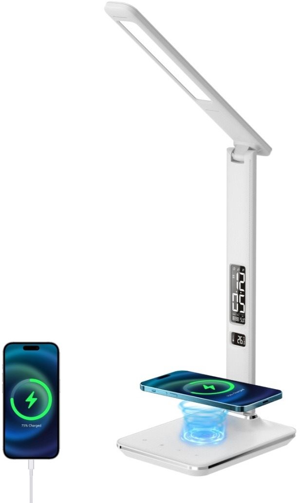 LED stolná lampička Immax KINGFISHER Qi biela s bezdrôtovým nabíjaním Qi a USB