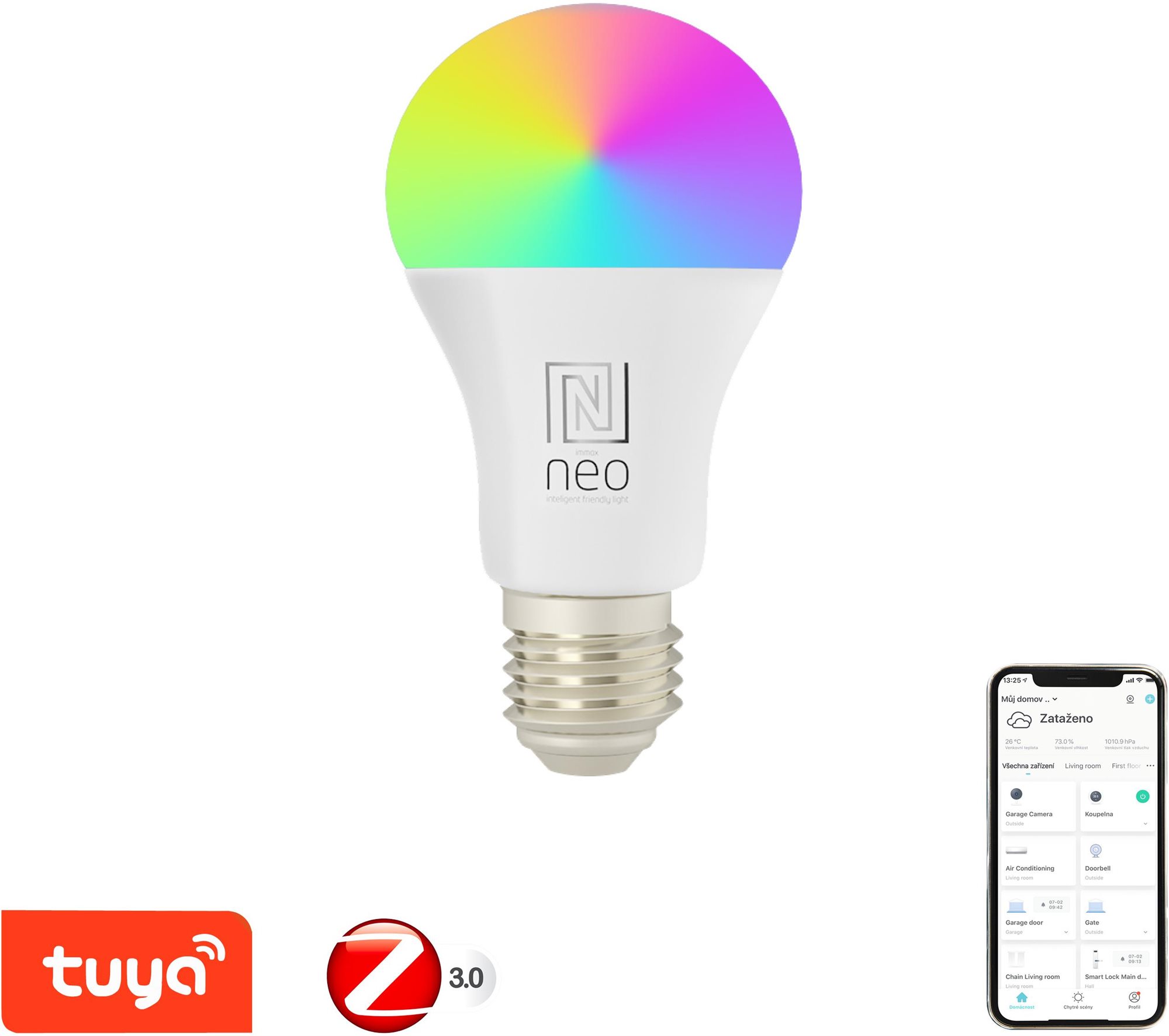 IMMAX NEO Smart žiarovka LED E27 11W RGB+CCT farebná a biela, stmievateľná, Zigbee 3.0