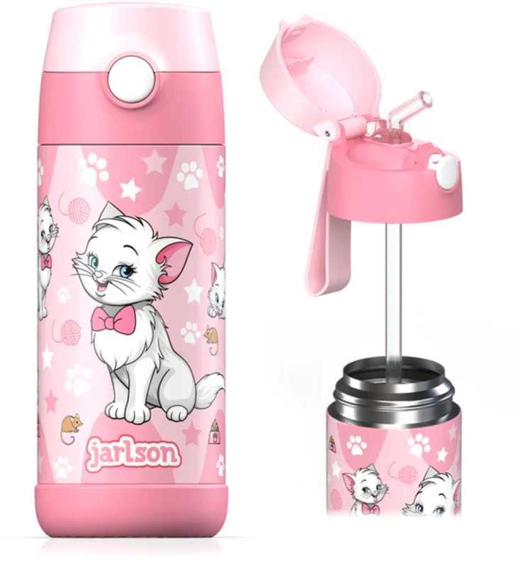 Jarlson Detská nerezová termofľaša so slamkou CHARLI Mačka 350 ml