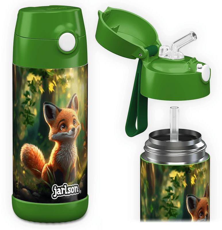 Jarlson Detská nerezová termofľaša so slamkou CHARLI Líška 350 ml
