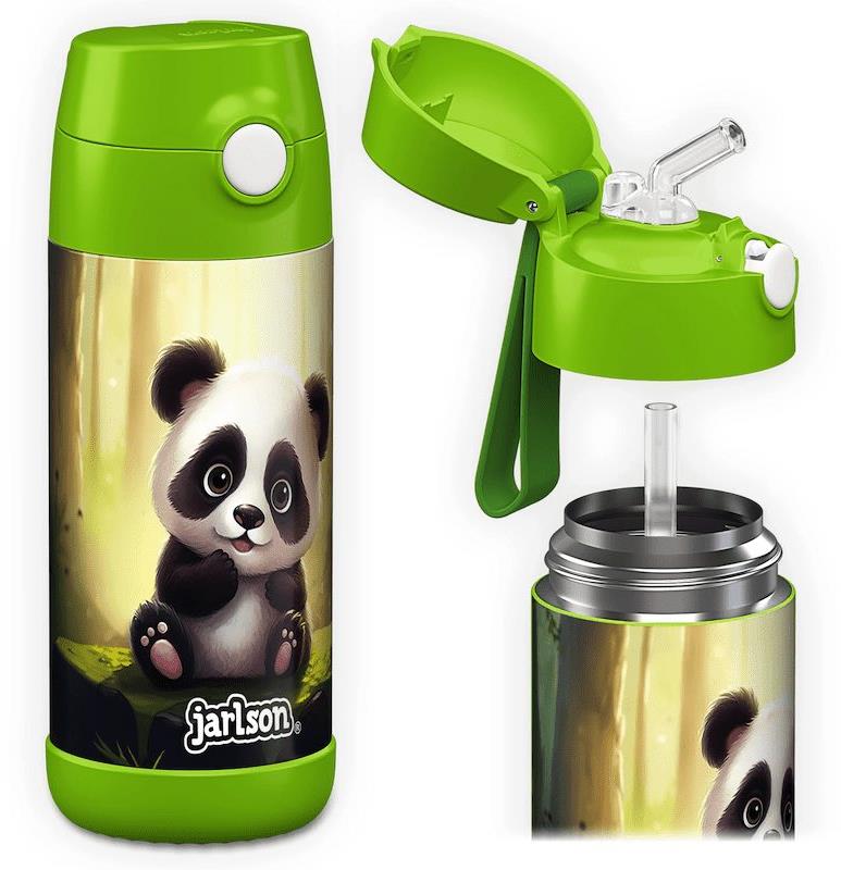 Jarlson Detská nerezová termofľaša so slamkou CHARLI Panda 350 ml