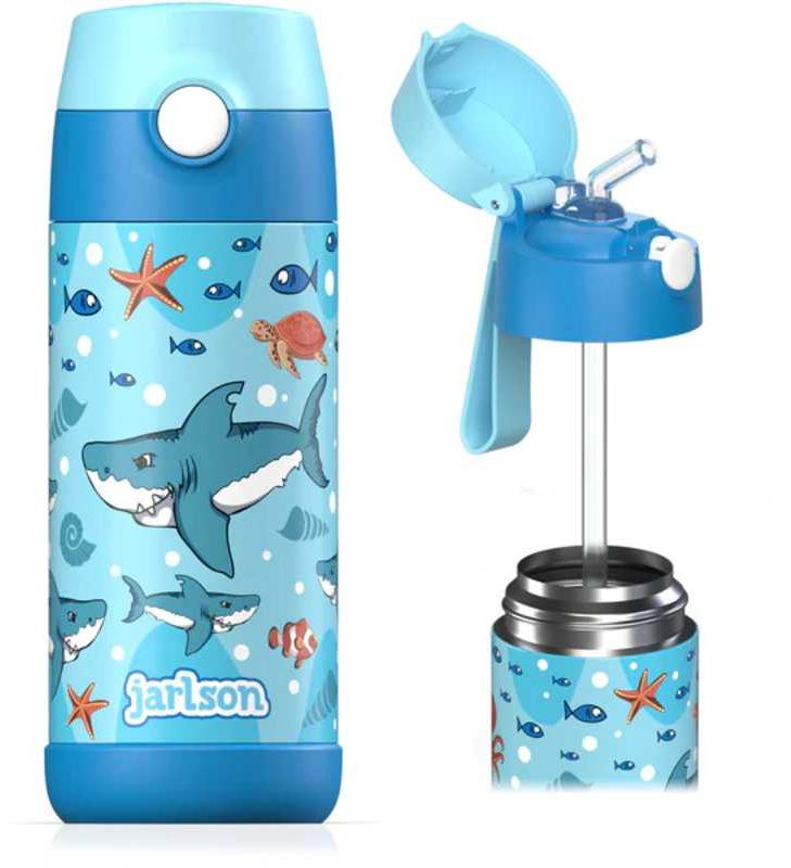 Jarlson Detská nerezová termofľaša so slamkou CHARLI Žraloky 350 ml