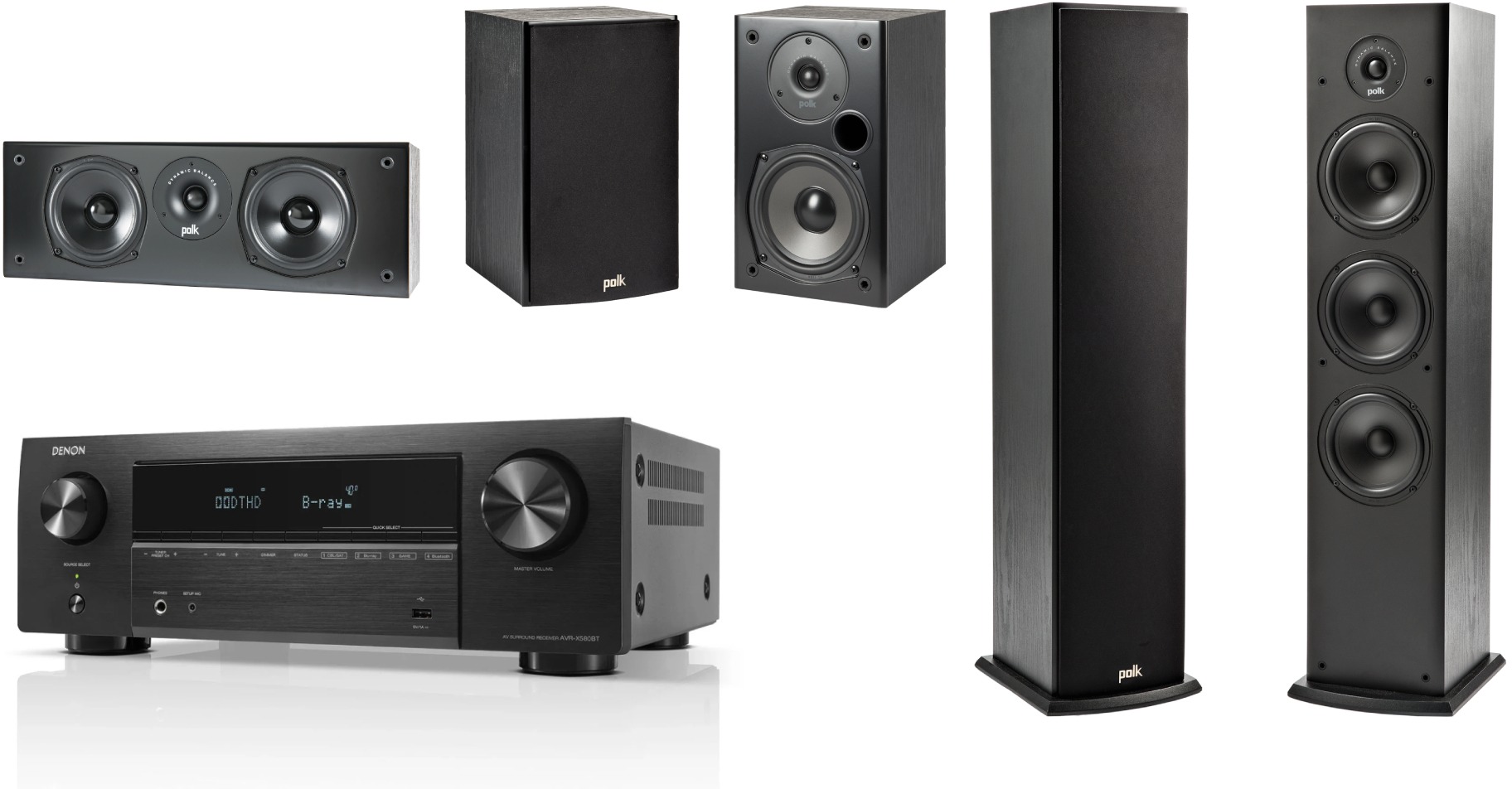 Denon AVR-X580BT Black + 2× Polk Audio T50 + Polk T30C + Polk T15