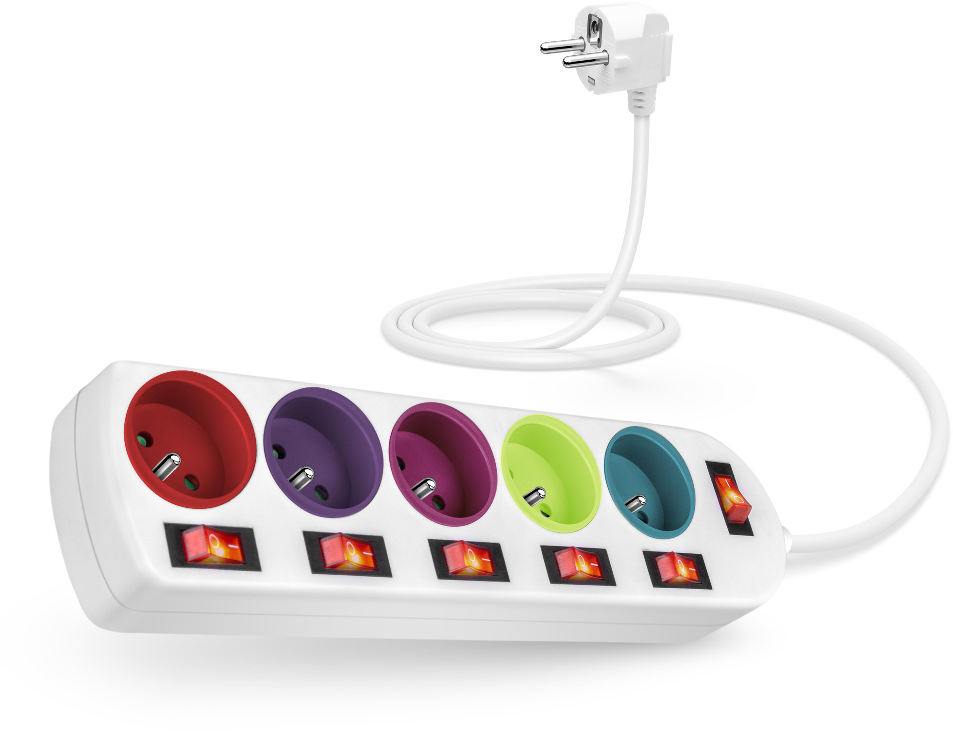 CONNECT IT predlžovací, 5 zásuviek, 2 m, s vypínačom, farebný