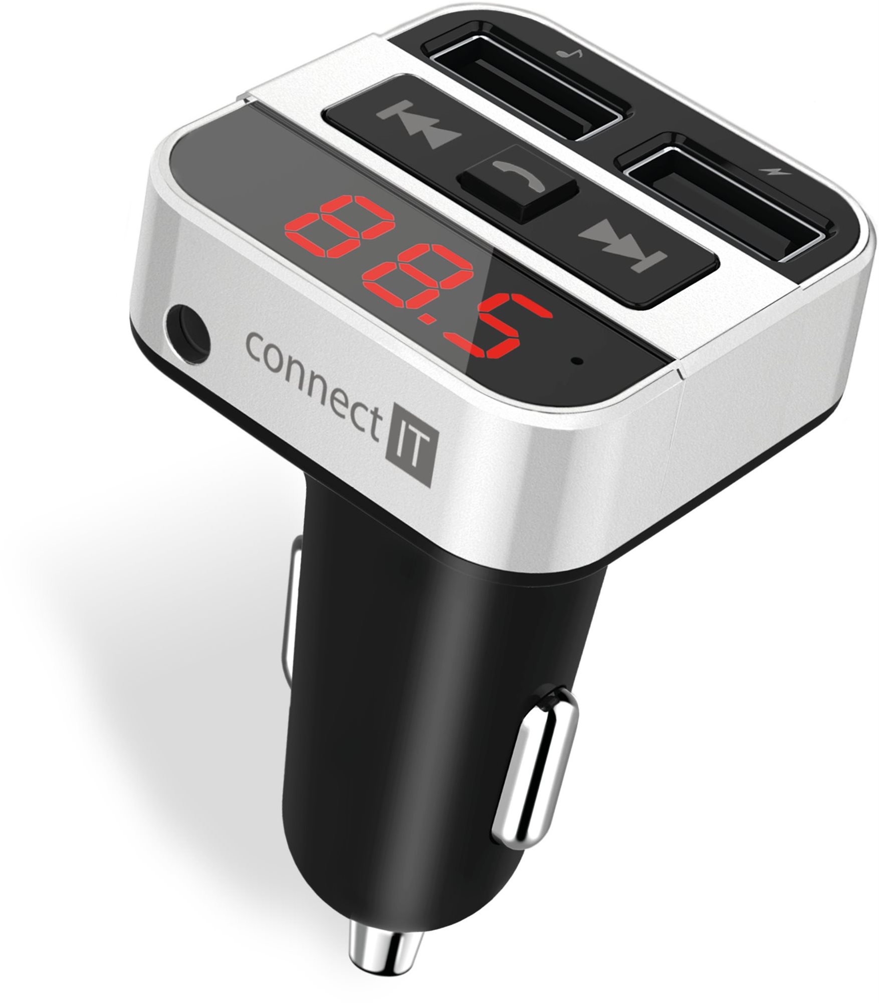 CONNECT IT InCarz Bezdrôtový FM transmitter, 2 x USB + 3,5 mm AUX, STRIEBORNÝ