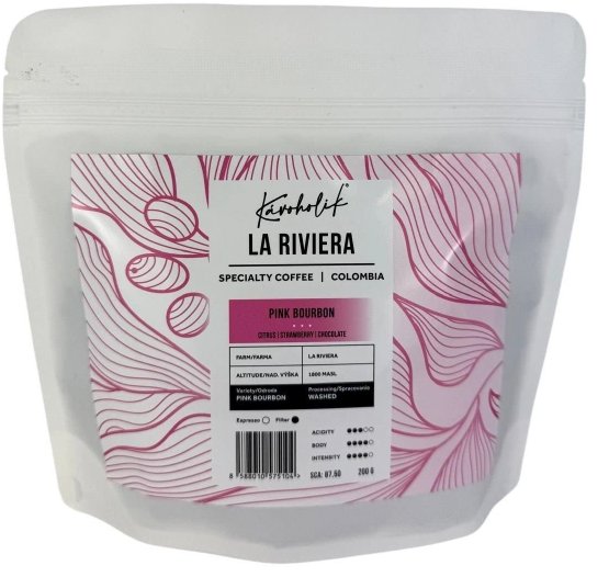 KÁVOHOLIK Kolumbia, La Riviera, Pink Bourbon, Washed, zrnková, 200 g