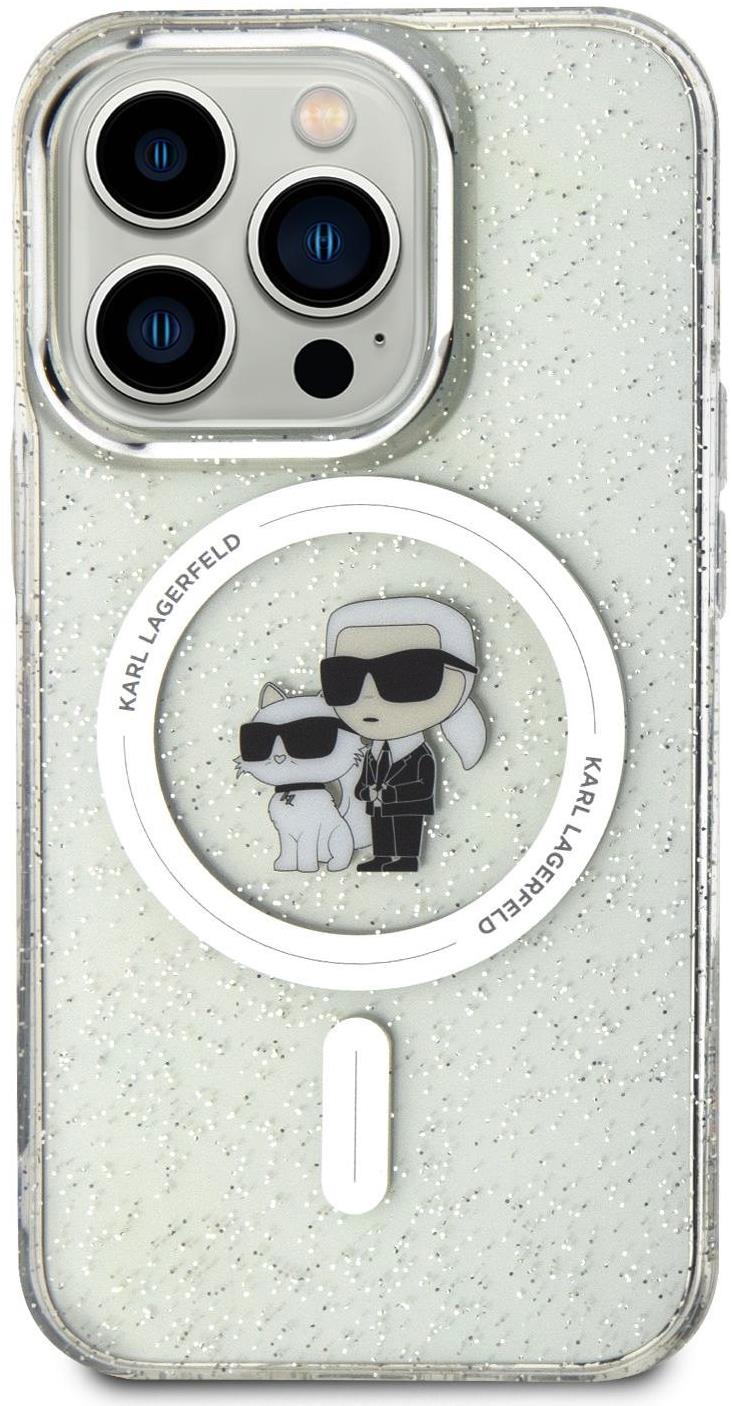 Karl Lagerfeld IML Glitter Karl and Choupette MagSafe Zadný Kryt pre iPhone 15 Pro Transparent