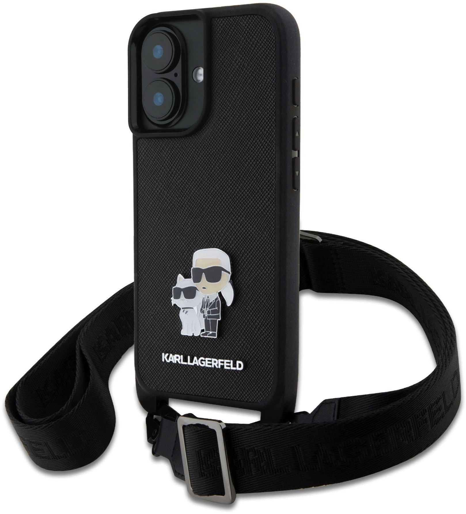 Karl Lagerfeld Saffiano Crossbody Popruh Metal Karl and Choupette Zadný Kryt na iPhone 16 Plus Black