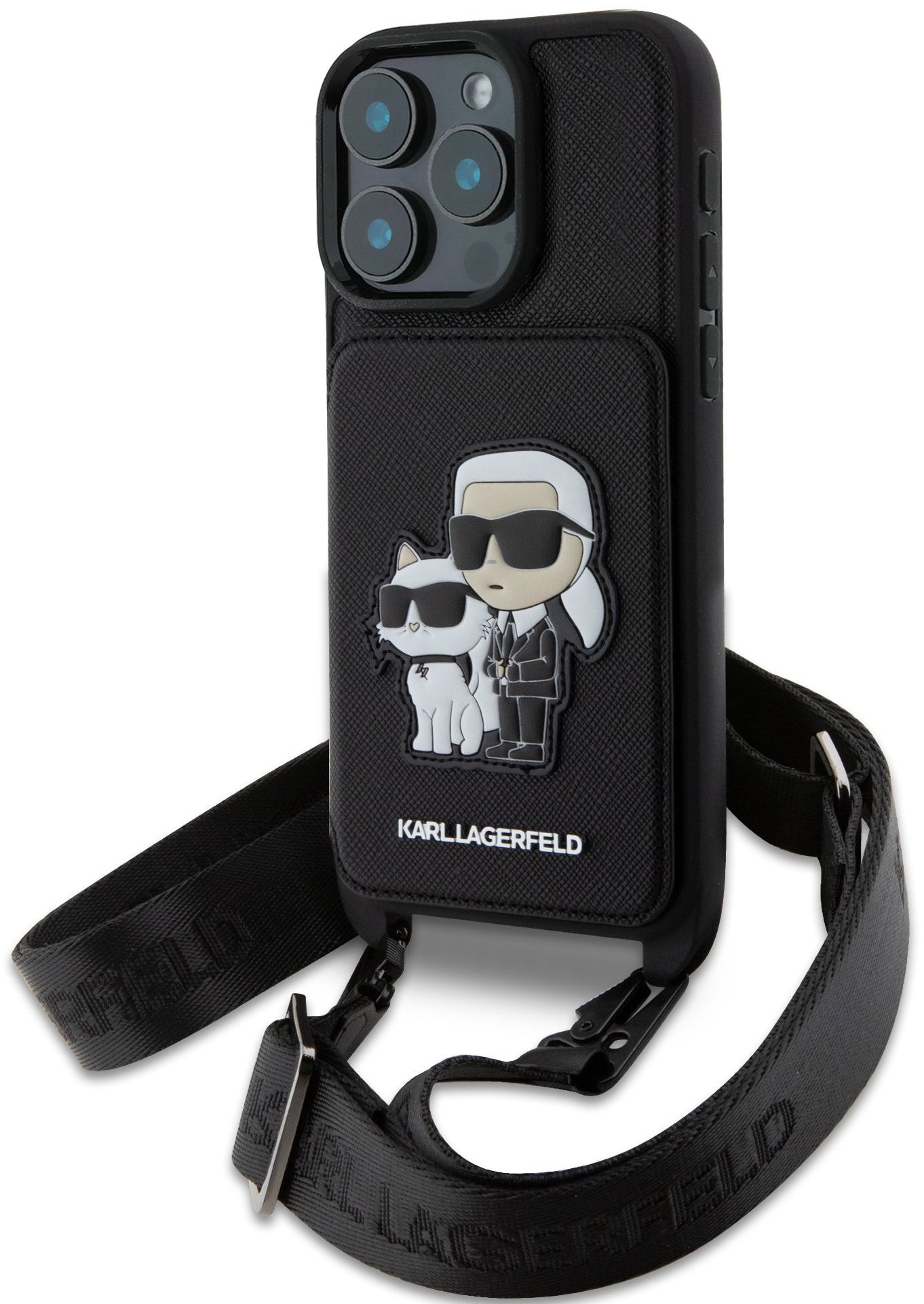 Karl Lagerfeld Saffiano Crossbody Popruh Karl and Choupette Kryt na iPhone 16 Pro Black