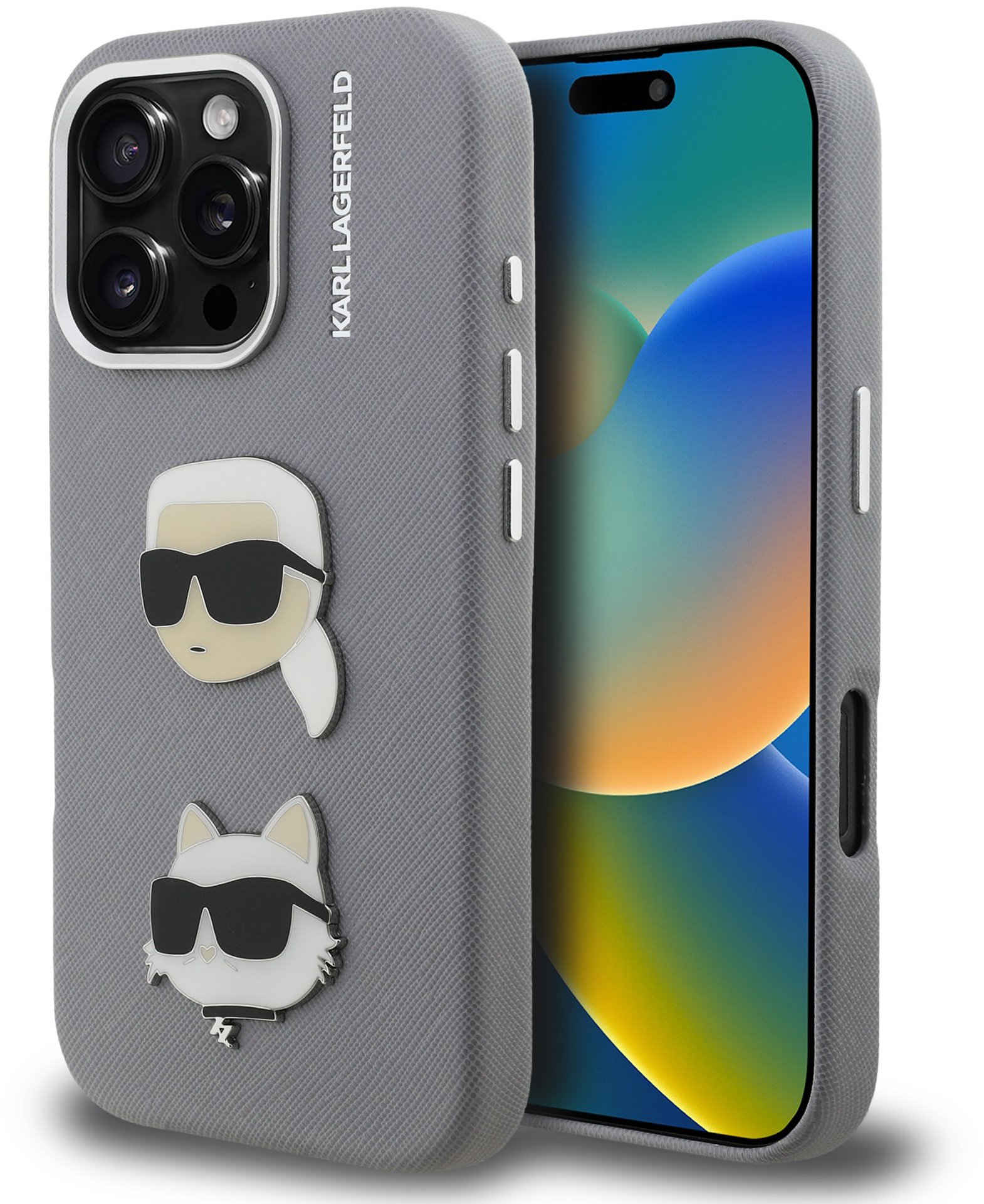 Karl Lagerfeld Grained PU K&CH Heads Zadný Kryt pre iPhone 16 Pre Max Grey