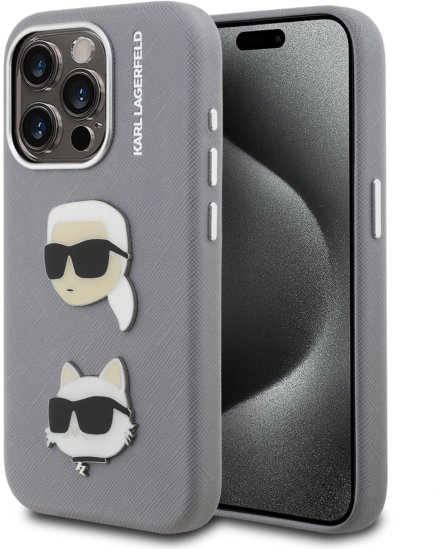 Karl Lagerfeld Grained PU K&CH Heads Zadný Kryt pre iPhone 15 Pre Max Grey