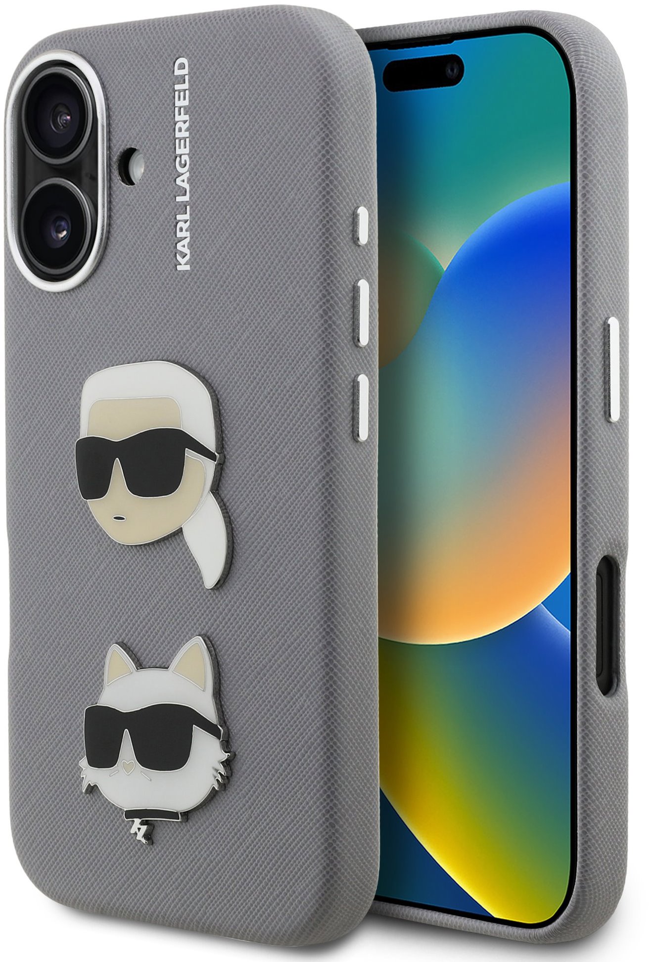 Karl Lagerfeld Grained PU K&CH Heads Zadný Kryt pre iPhone 16 Grey
