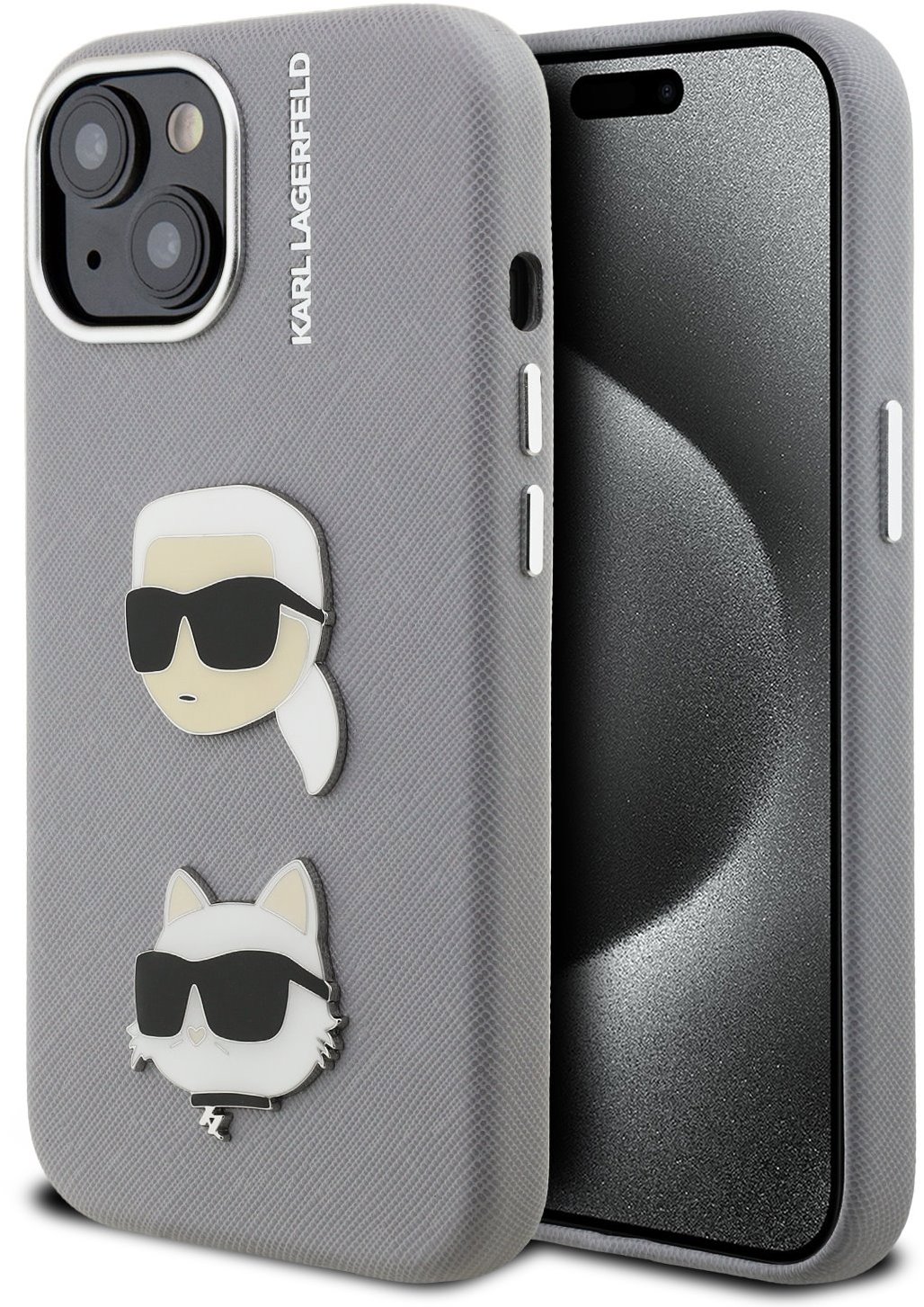 Karl Lagerfeld Grained PU K&CH Heads Zadný Kryt pre iPhone 15 Grey