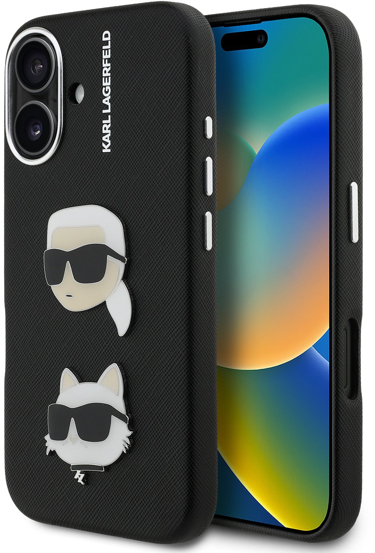 Karl Lagerfeld Grained PU K&CH Heads Zadný Kryt pre iPhone 16 Black