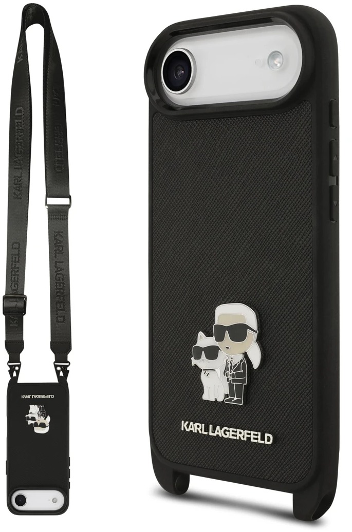 Karl Lagerfeld Saffiano Crossbody Popruh Metal Karl and Choupette Zadný Kryt pre iPhone Air Black