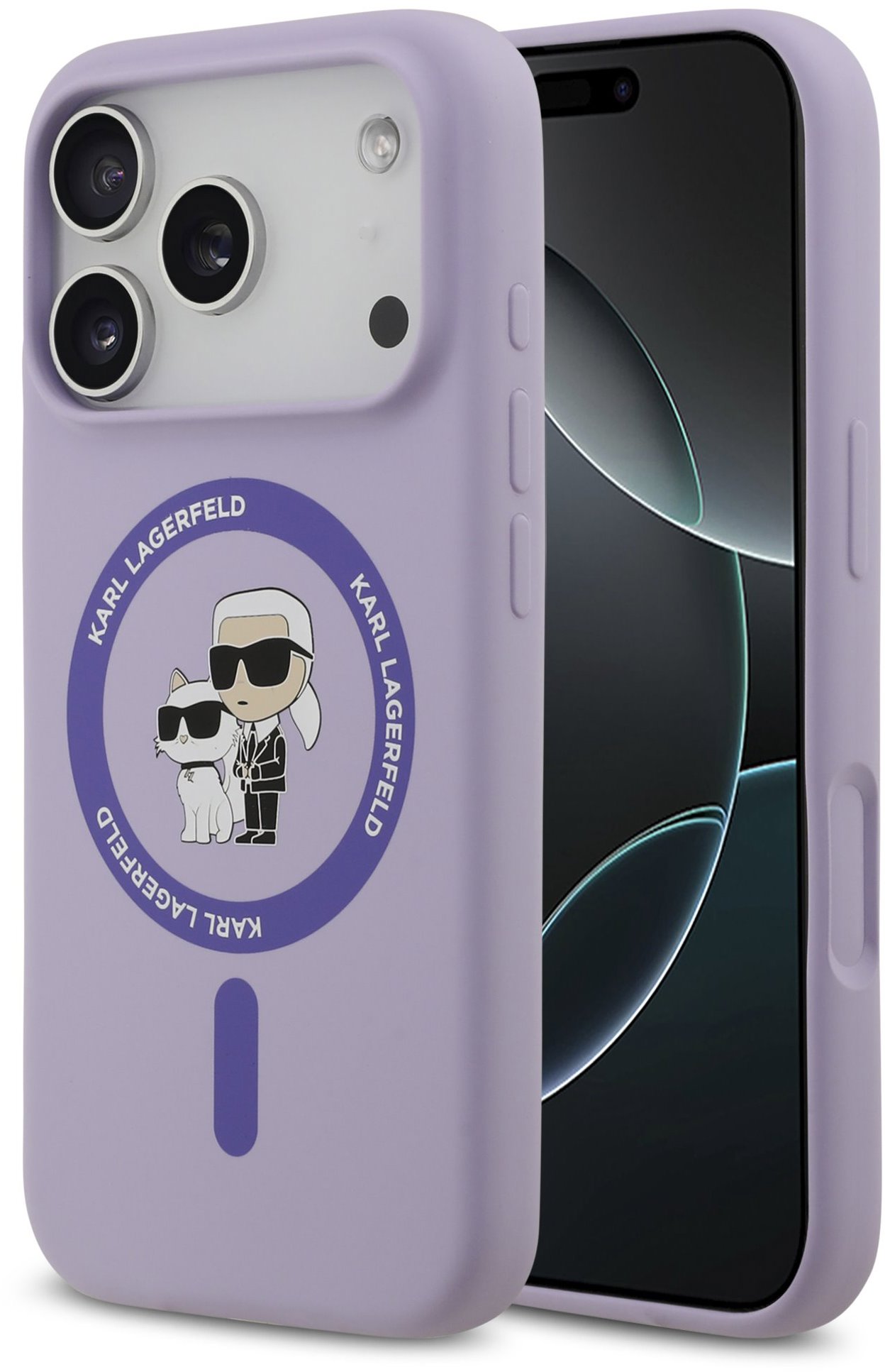 Karl Lagerfeld Liquid Silicone Karl and Choupette MagSafe Zadný Kryt pre iPhone 17 Pro Purple