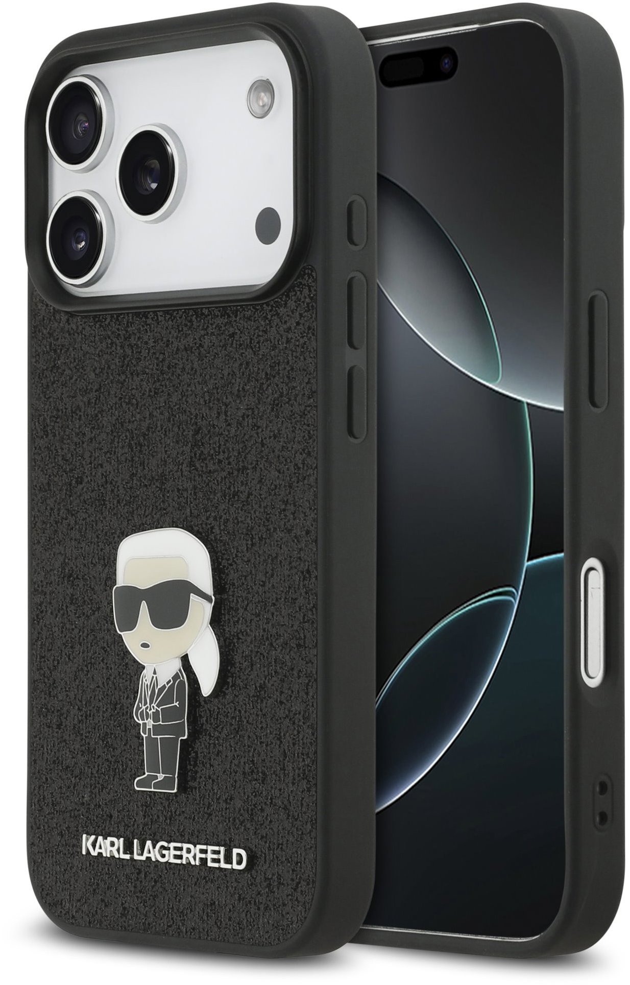 Karl Lagerfeld Fixed Glitter Metal Ikonik Zadný Kryt pre iPhone 17 Pro Black