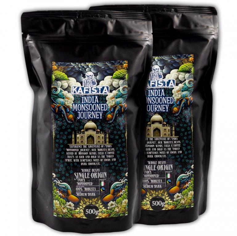 Kafista „India Monsooned Journey" – spracovanie monzúnovaním – 100 % Robusta, 2× 500 g
