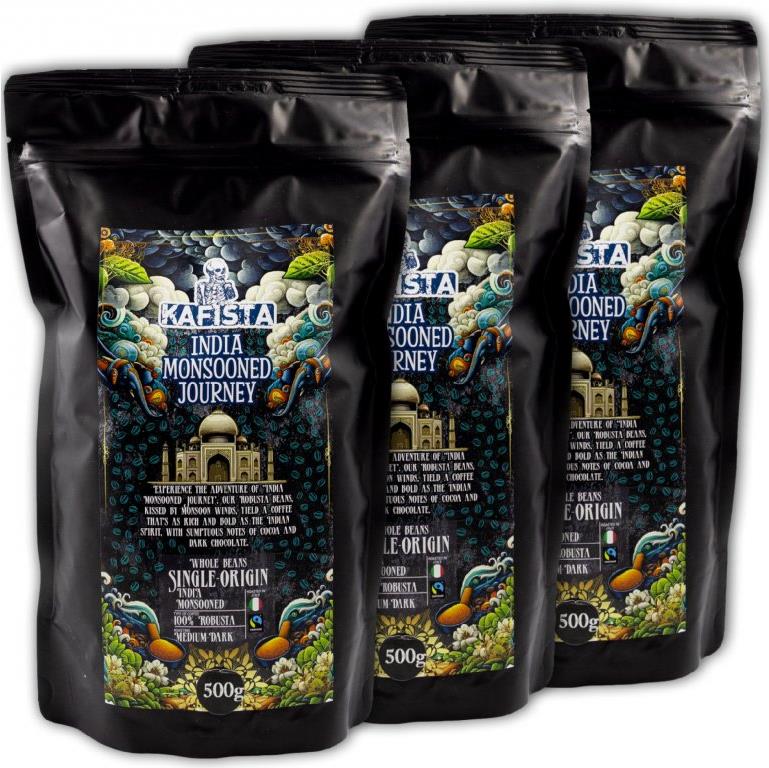 Kafista „India Monsooned Journey" – spracovanie monzúnovaním – 100 % Robusta, 3× 500 g
