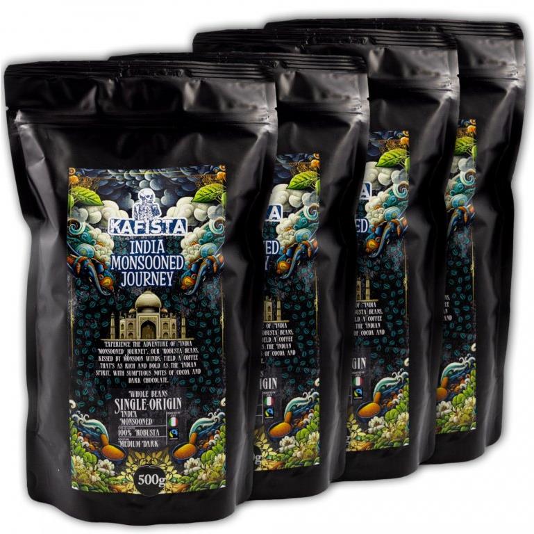 Kafista „India Monsooned Journey" – spracovanie monzúnovaním – 100 % Robusta, 4× 500 g