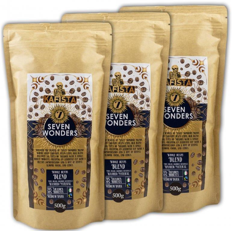 Kafista „Seven Wonders" – Espresso Zmes 70 % Arabica, 30 % Robusta, Fairtrade 3× 500 g