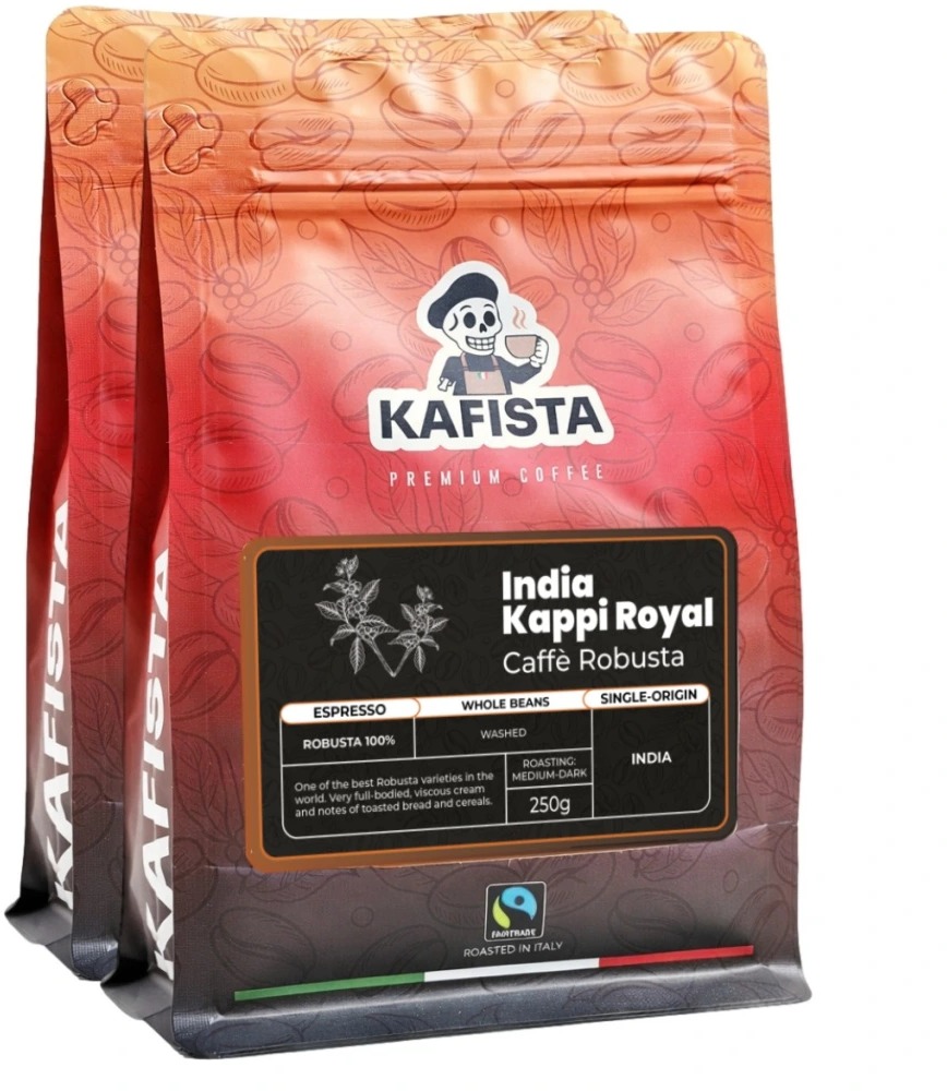 Kafista „India Kappi Royal“ – 100 % Robusta, Pražená v Taliansku – zrnková káva na espresso 2× 250 g