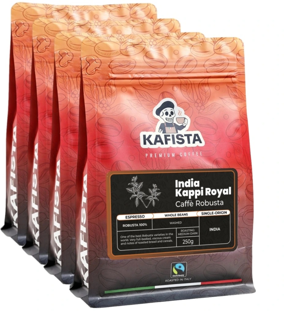 Kafista „India Kappi Royal“ – 100 % Robusta, Pražená v Taliansku – zrnková káva na espresso 4× 250 g