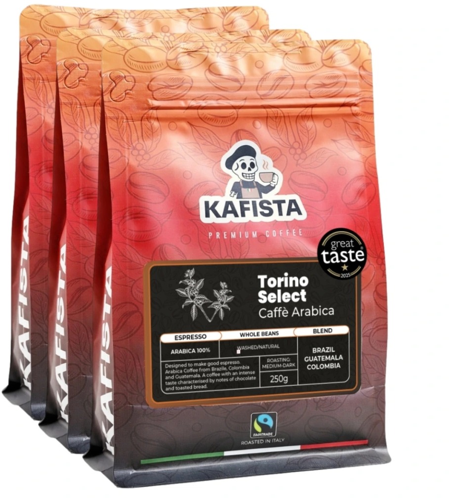 Kafista „Torino Select“ – Zrnková káva, 100 % Arabica Espresso Káva, Pražená v Taliansku 3× 250 g