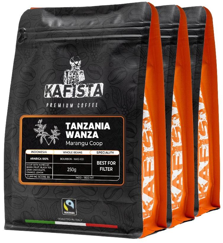 Kafista Výberová káva „Tanzania Wanza" – 100 % Arabica – Zrnková Káva, Pražená v Taliansku 3× 250 g