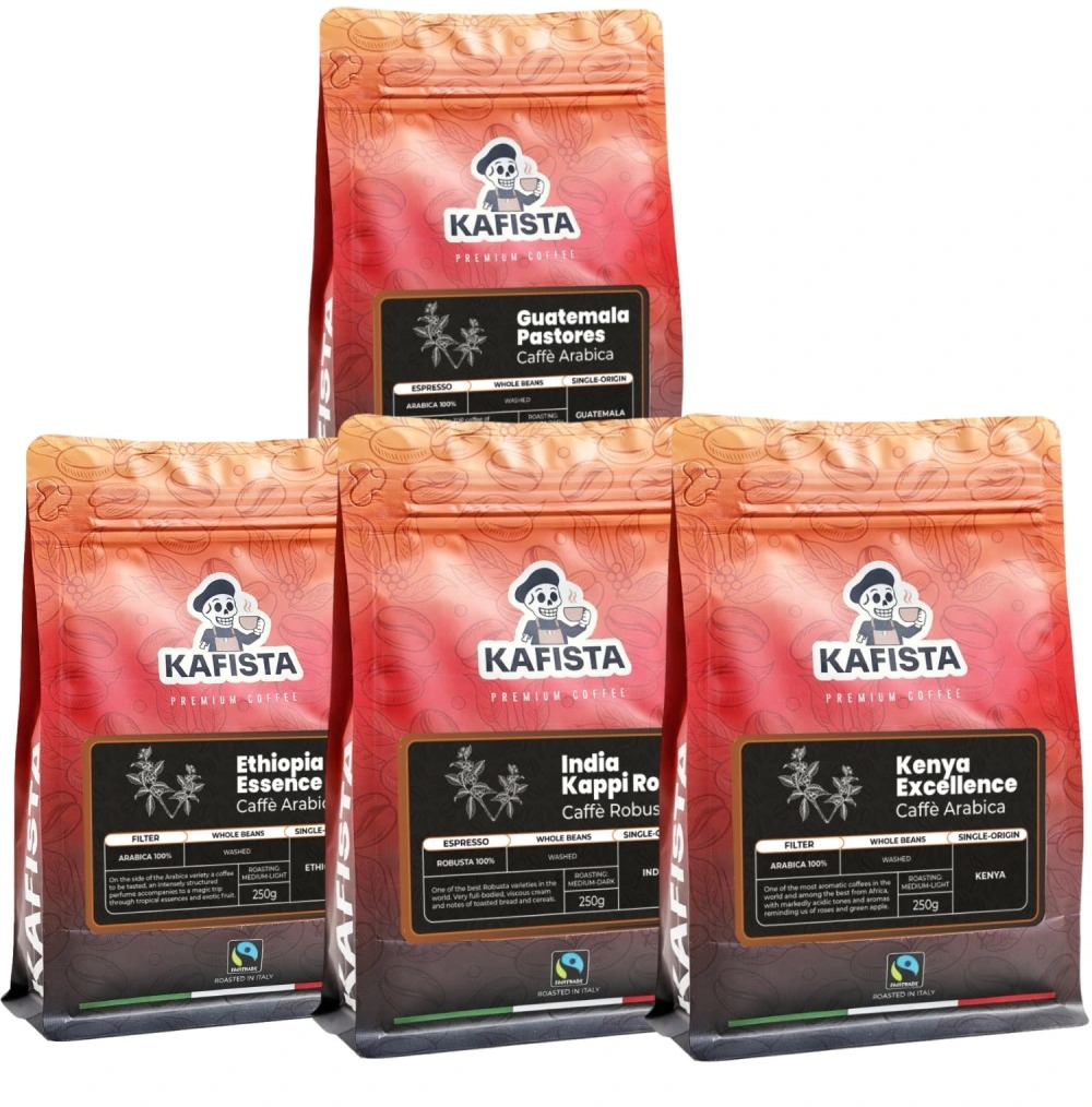 Kafista balíček 4× 250 g – Single origin kávy praženej v Taliansku, zrnková káva Fiartrade