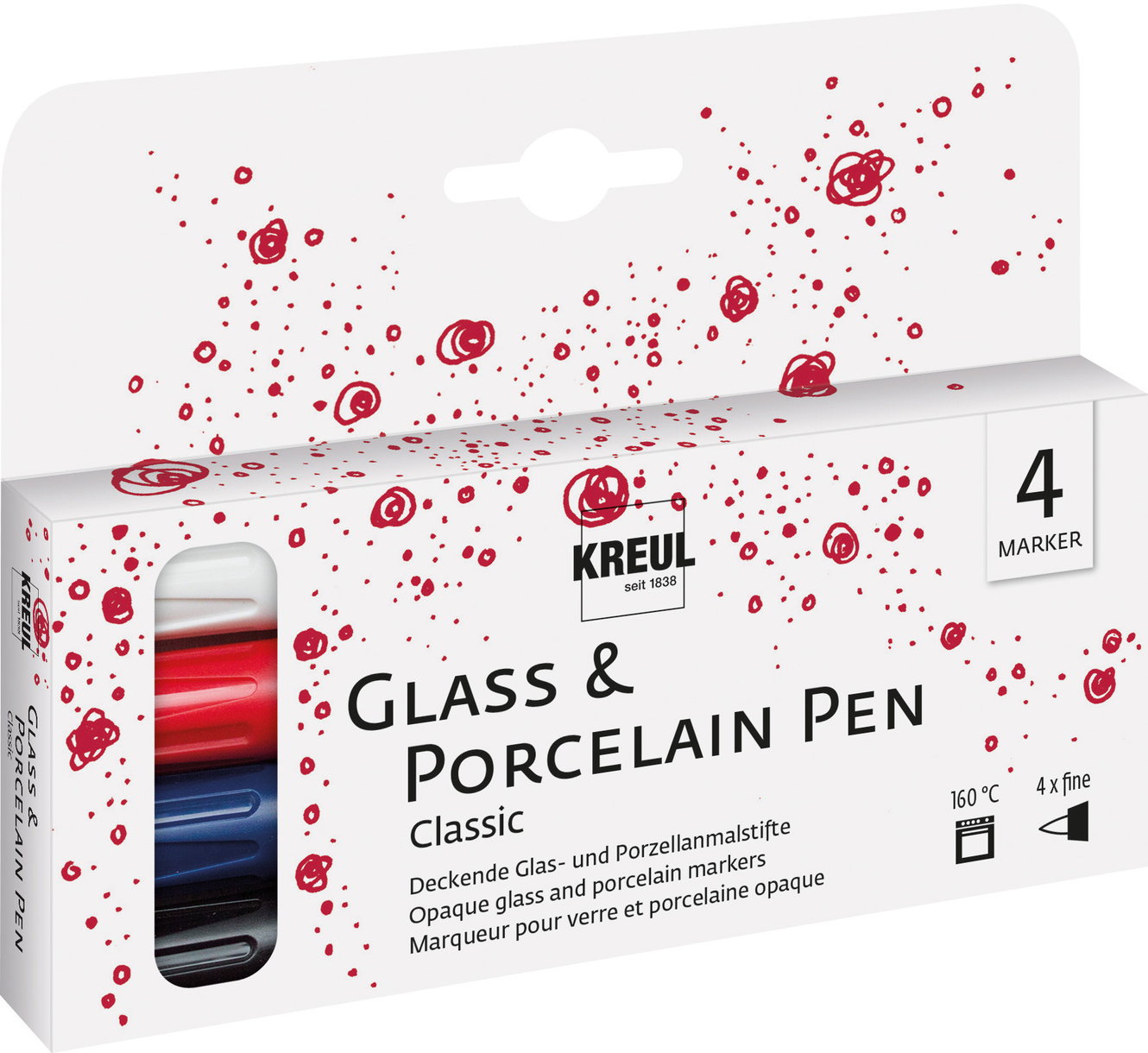 KREUL na sklo a porcelán CLASSIC, 1 – 2 mm, súprava 4 farieb