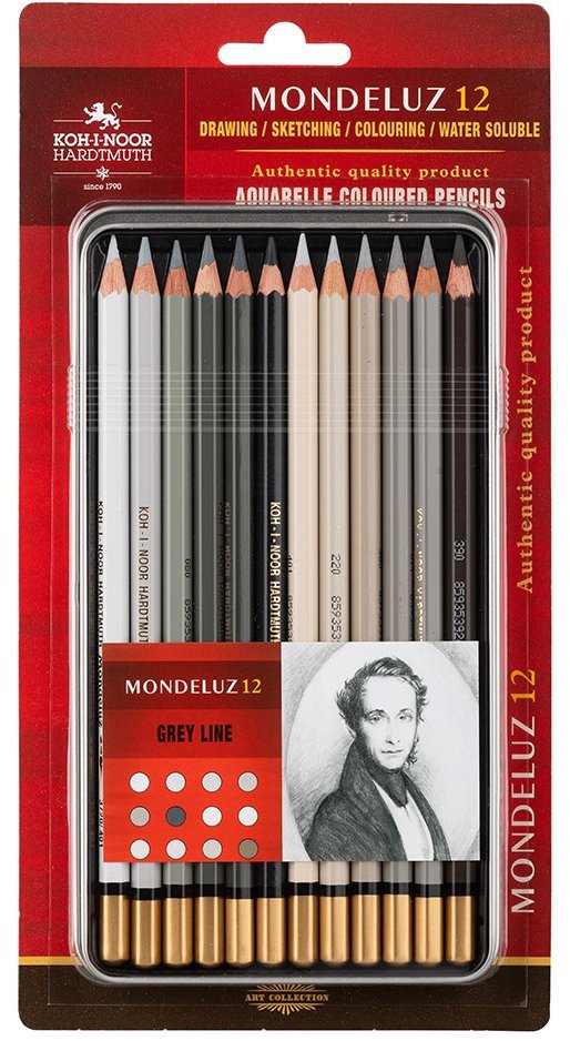Koh-i-noor Mondeluz 3722/12 Umelecké pastelky, sivá rada, v plechovom puzdre 12 ks