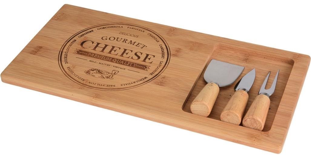 Koopman doštička na syr bambus sada 4 diely (doštička 38 × 18,5 × 1,5cm, 2× nôž, 1× vidlička)