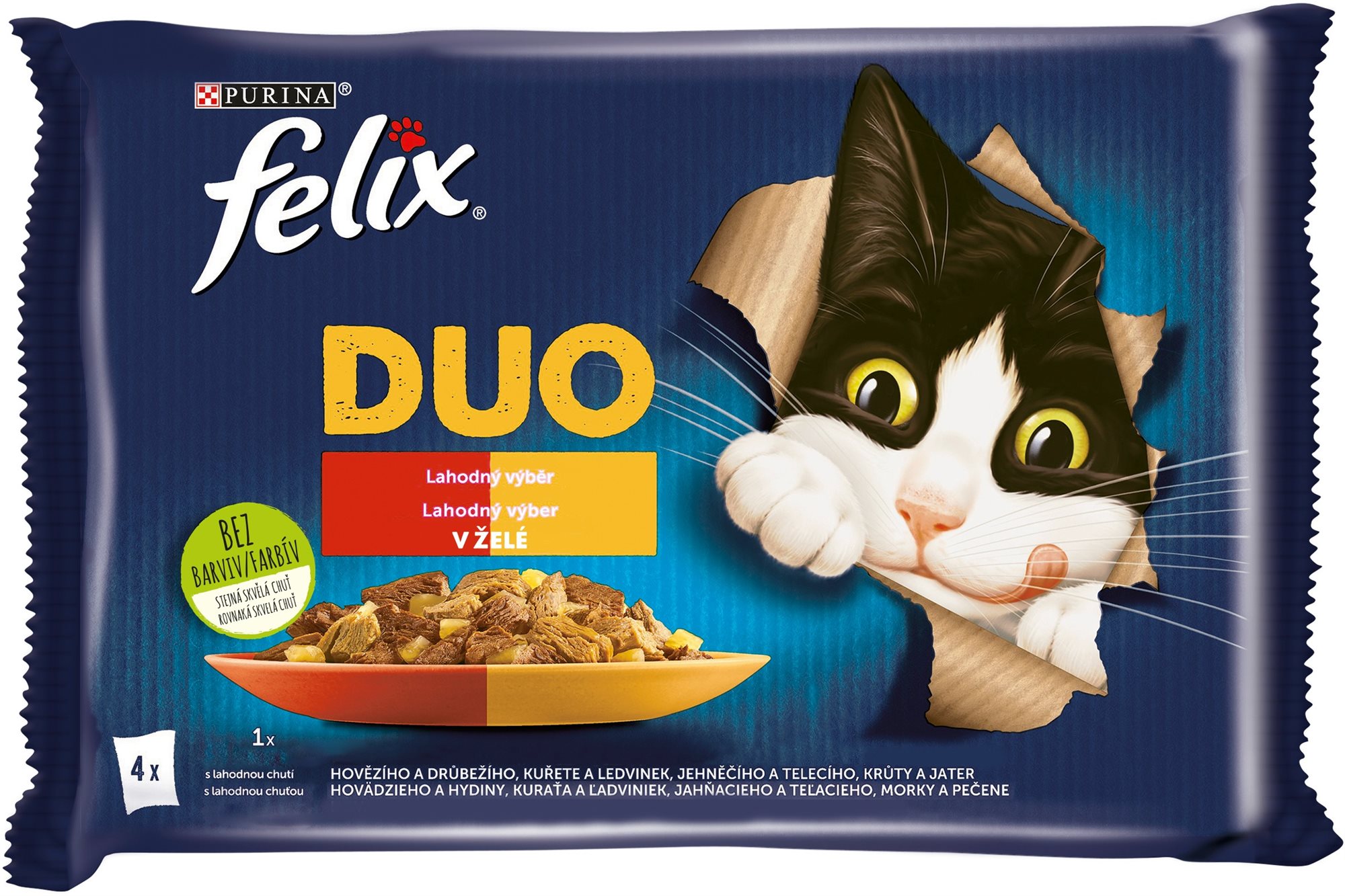 Felix Fantastic DUO kura a obličky, hovädzie a hydinové, morka a pečeň, jahňacie a teľacie 4x 85 g