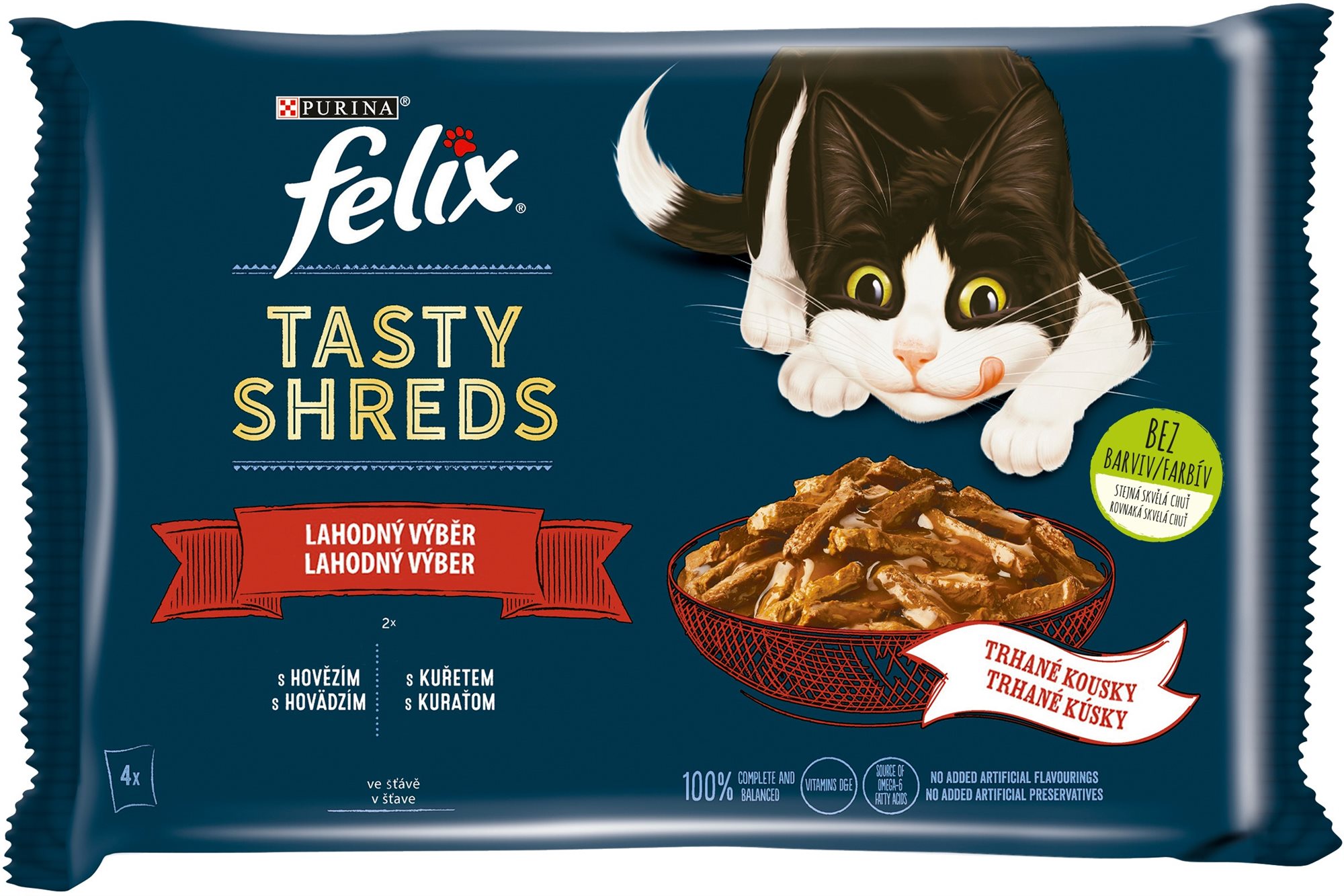 Felix Tasty Shreds kapsičky pre mačky hovädzie, kura v šťave 4x 80 g