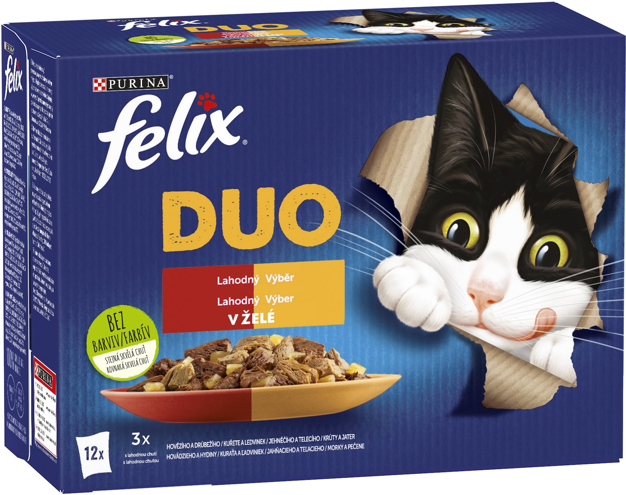 Felix Fantastic DUO kura a obličky, hovädzie a hydinové, morka a pečeň, jahňacie a teľacie 12x 85 g