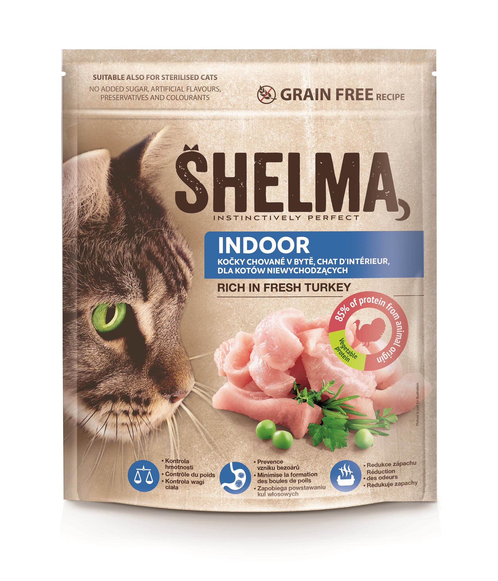 Shelma Indoor granuly bez obilnín s čerstvým morčacím pre dospelé mačky 750 g
